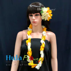 Silk Orange & Off White Champaca lei & Hair clip (S)